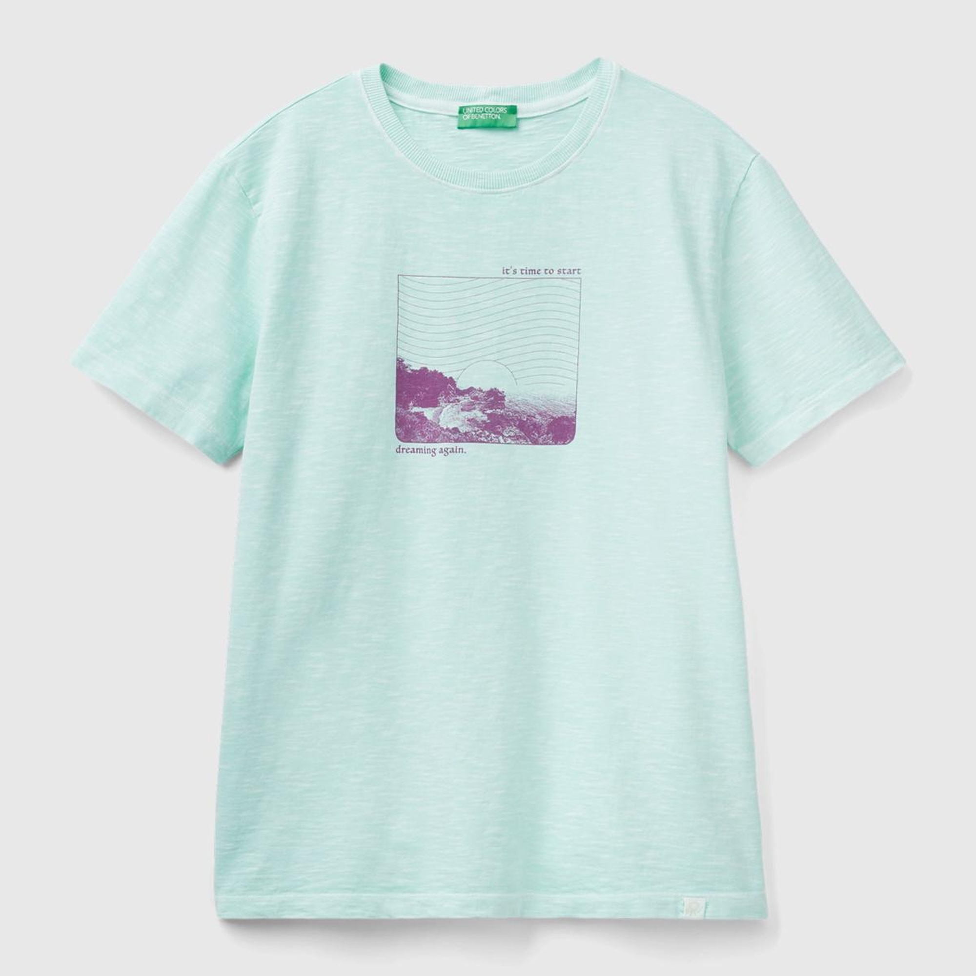 Erkek Açık Yeşil %100 Pamuk Önü ve Arkası Grafik Baskılı Bisiklet Yaka T-Shirt