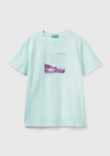  Erkek Açık Yeşil %100 Pamuk Önü ve Arkası Grafik Baskılı Bisiklet Yaka T-Shirt