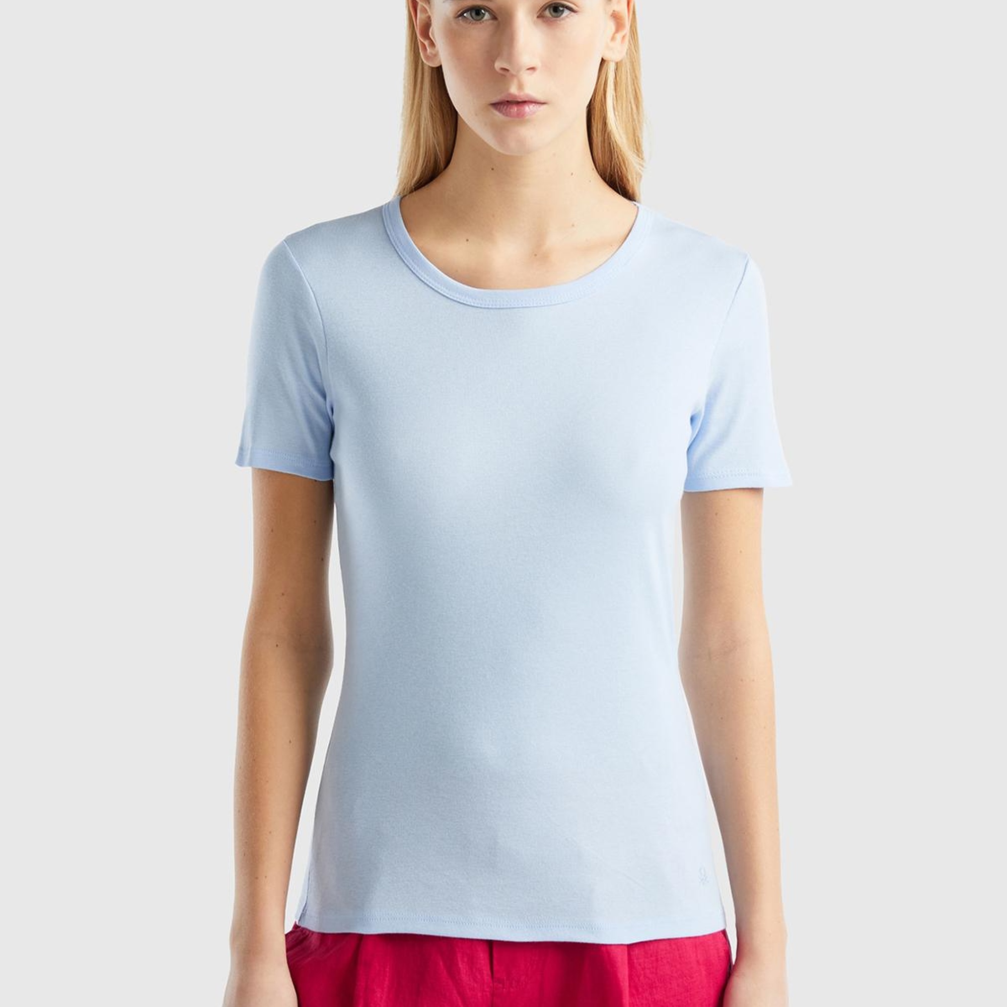 Kadın Açık Mavi %100 Koton Basic Kısa Kollu Bisiklet Yaka T-Shirt