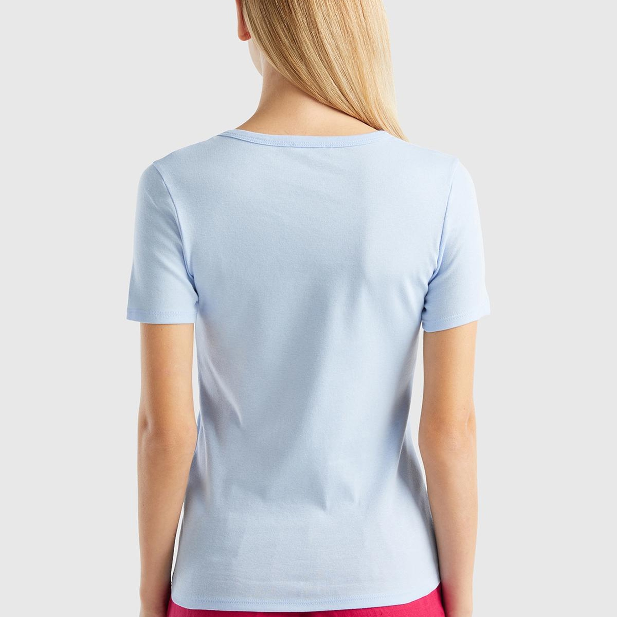 Kadın Açık Mavi %100 Koton Basic Kısa Kollu Bisiklet Yaka T-Shirt