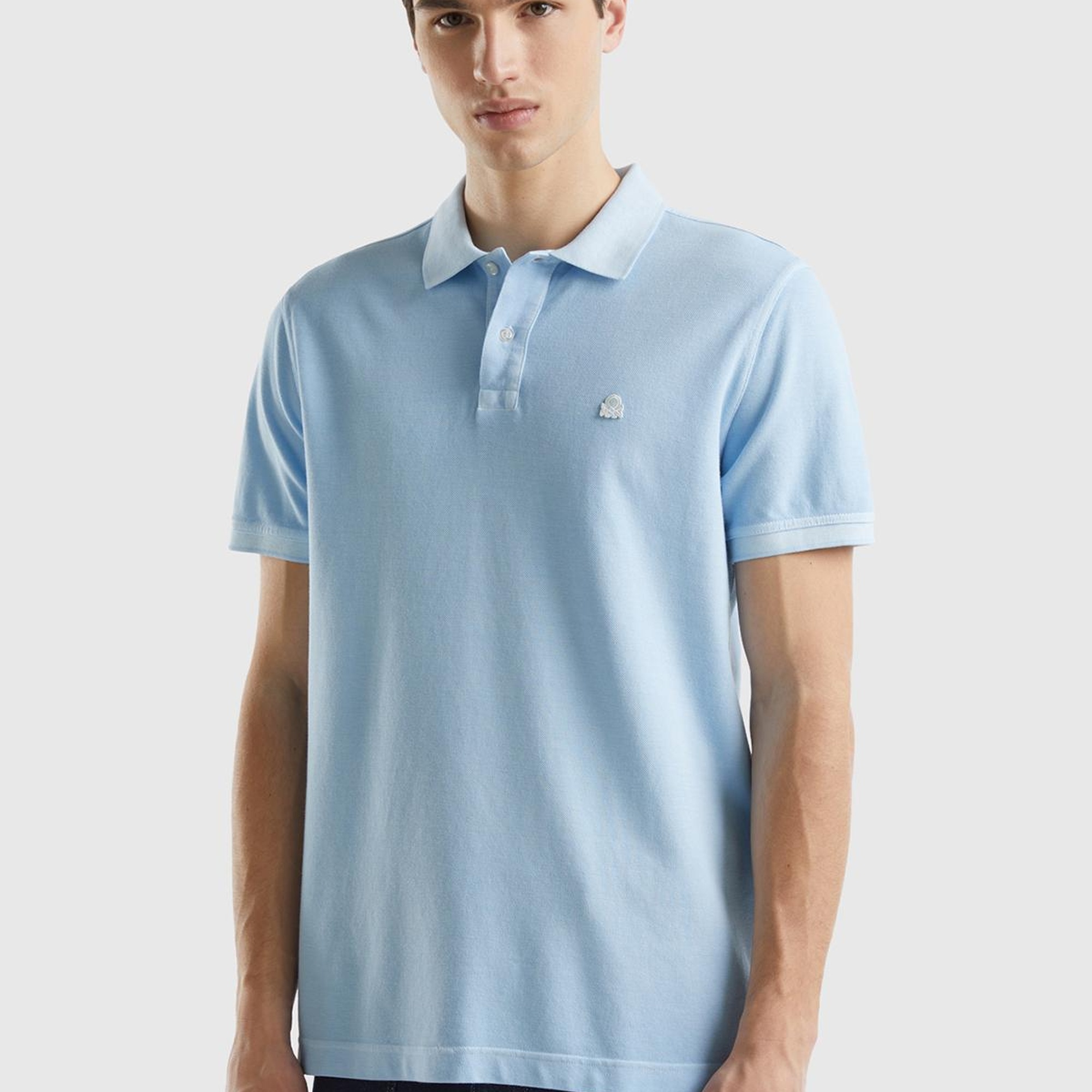 Erkek Açık Mavi %100 Pamuk Göğsü Yama Logo İşlemeli Polo Yaka T-Shirt