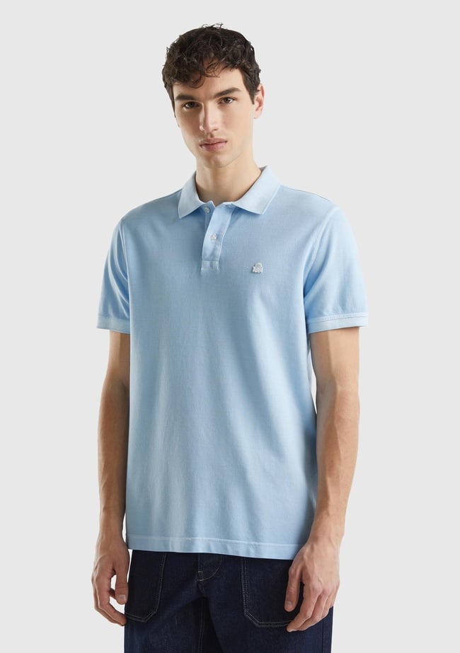  Erkek Açık Mavi %100 Pamuk Göğsü Yama Logo İşlemeli Polo Yaka T-Shirt