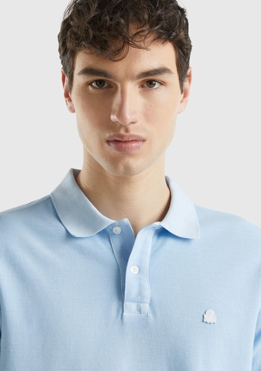  Erkek Açık Mavi %100 Pamuk Göğsü Yama Logo İşlemeli Polo Yaka T-Shirt