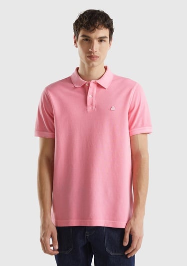  Erkek Açık Pembe %100 Pamuk Göğsü Yama Logo İşlemeli Polo Yaka T-Shirt