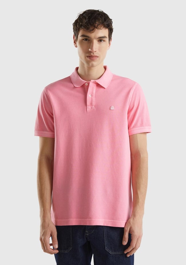  Erkek Açık Pembe %100 Pamuk Göğsü Yama Logo İşlemeli Polo Yaka T-Shirt