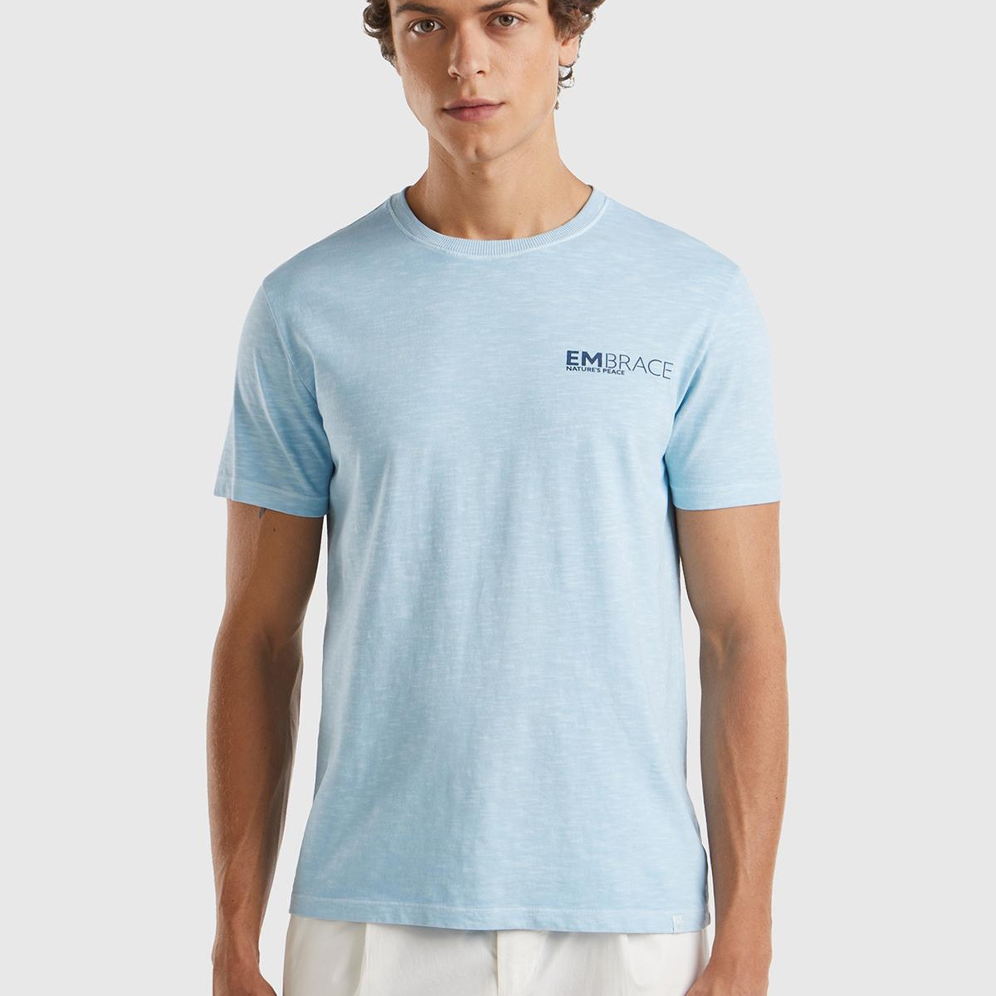 Erkek Açık Mavi %100 Pamuk Önü ve Arkası Grafik Baskılı Bisiklet Yaka T-Shirt