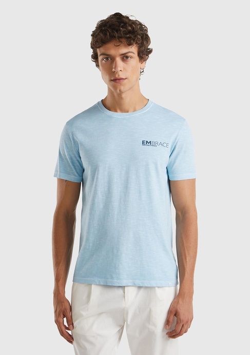  Erkek Açık Mavi %100 Pamuk Önü ve Arkası Grafik Baskılı Bisiklet Yaka T-Shirt