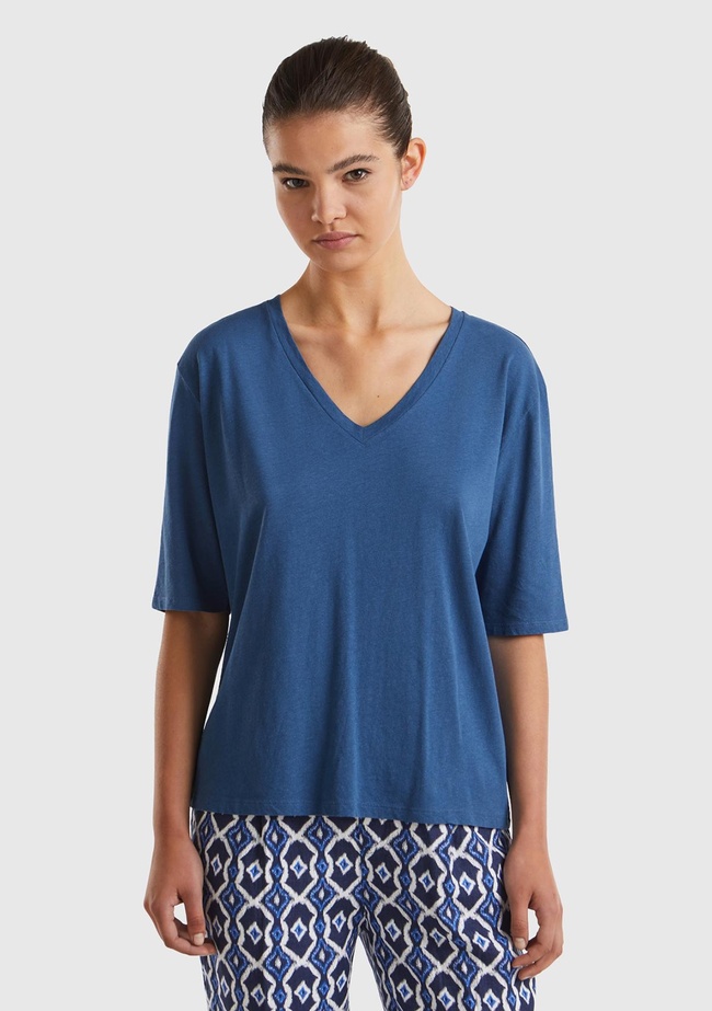  Kadın Gece Mavisi Pamuk Keten Karışımlı V Yaka Rahat Kesim T-Shirt