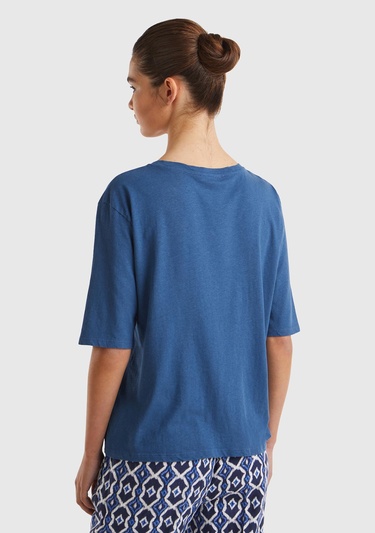  Kadın Gece Mavisi Pamuk Keten Karışımlı V Yaka Rahat Kesim T-Shirt