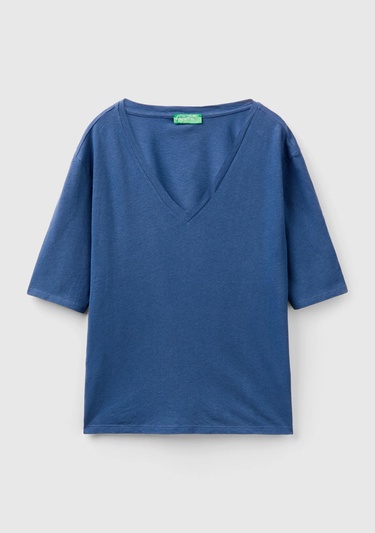  Kadın Gece Mavisi Pamuk Keten Karışımlı V Yaka Rahat Kesim T-Shirt