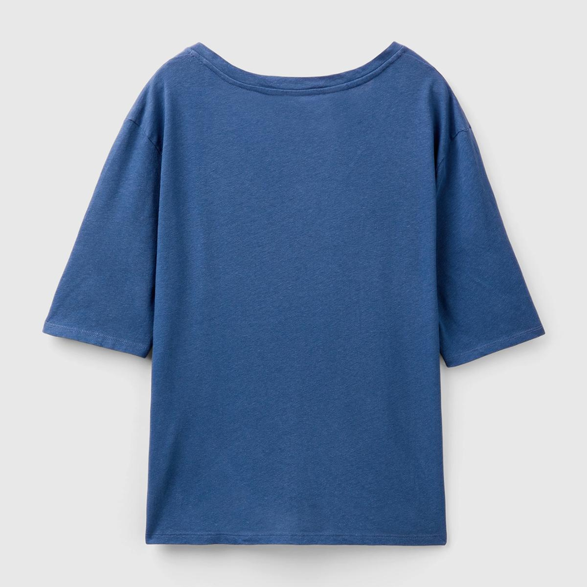 Kadın Gece Mavisi Pamuk Keten Karışımlı V Yaka Rahat Kesim T-Shirt