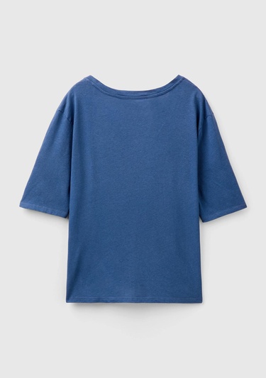  Kadın Gece Mavisi Pamuk Keten Karışımlı V Yaka Rahat Kesim T-Shirt