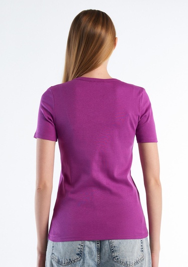  Kadın Mor %100 Koton Benetton Yazılı Basic T-Shirt