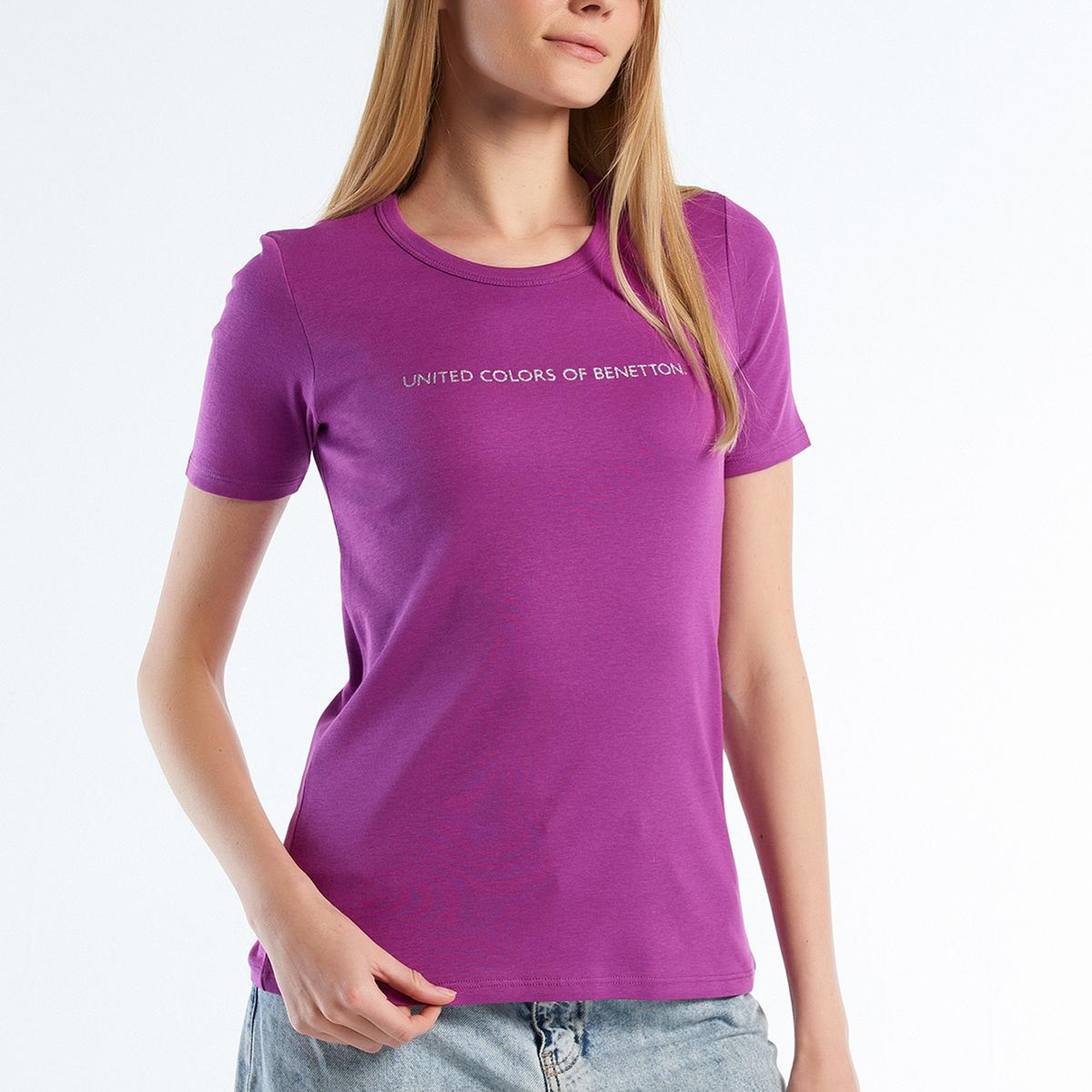 Kadın Mor %100 Koton Benetton Yazılı Basic T-Shirt