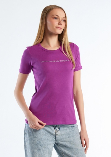  Kadın Mor %100 Koton Benetton Yazılı Basic T-Shirt