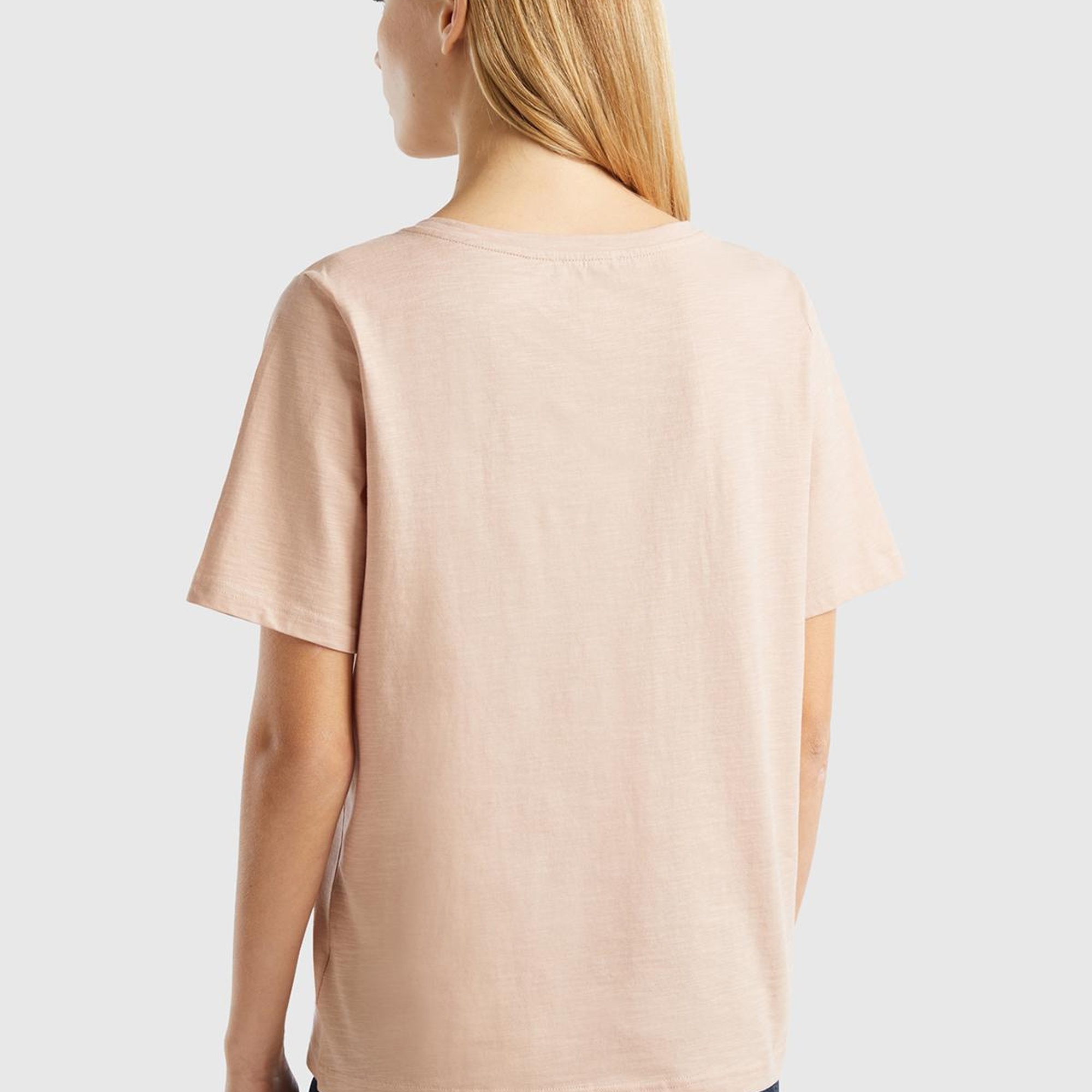 Kadın Pudra %100 Koton V Yaka Slub T-Shirt