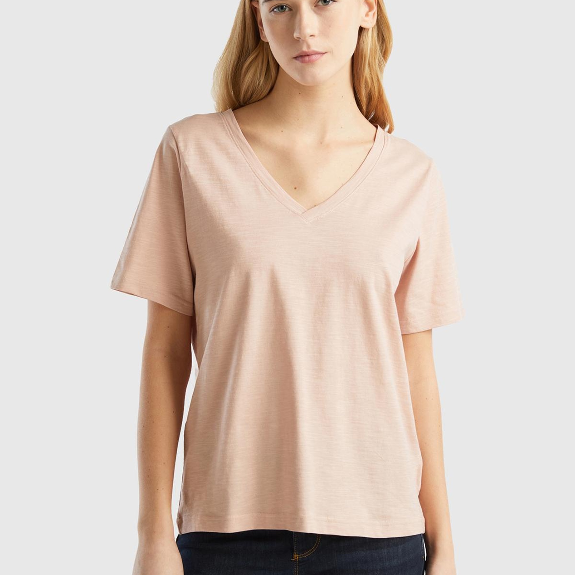 Kadın Pudra %100 Koton V Yaka Slub T-Shirt