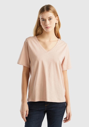  Kadın Pudra %100 Koton V Yaka Slub T-Shirt