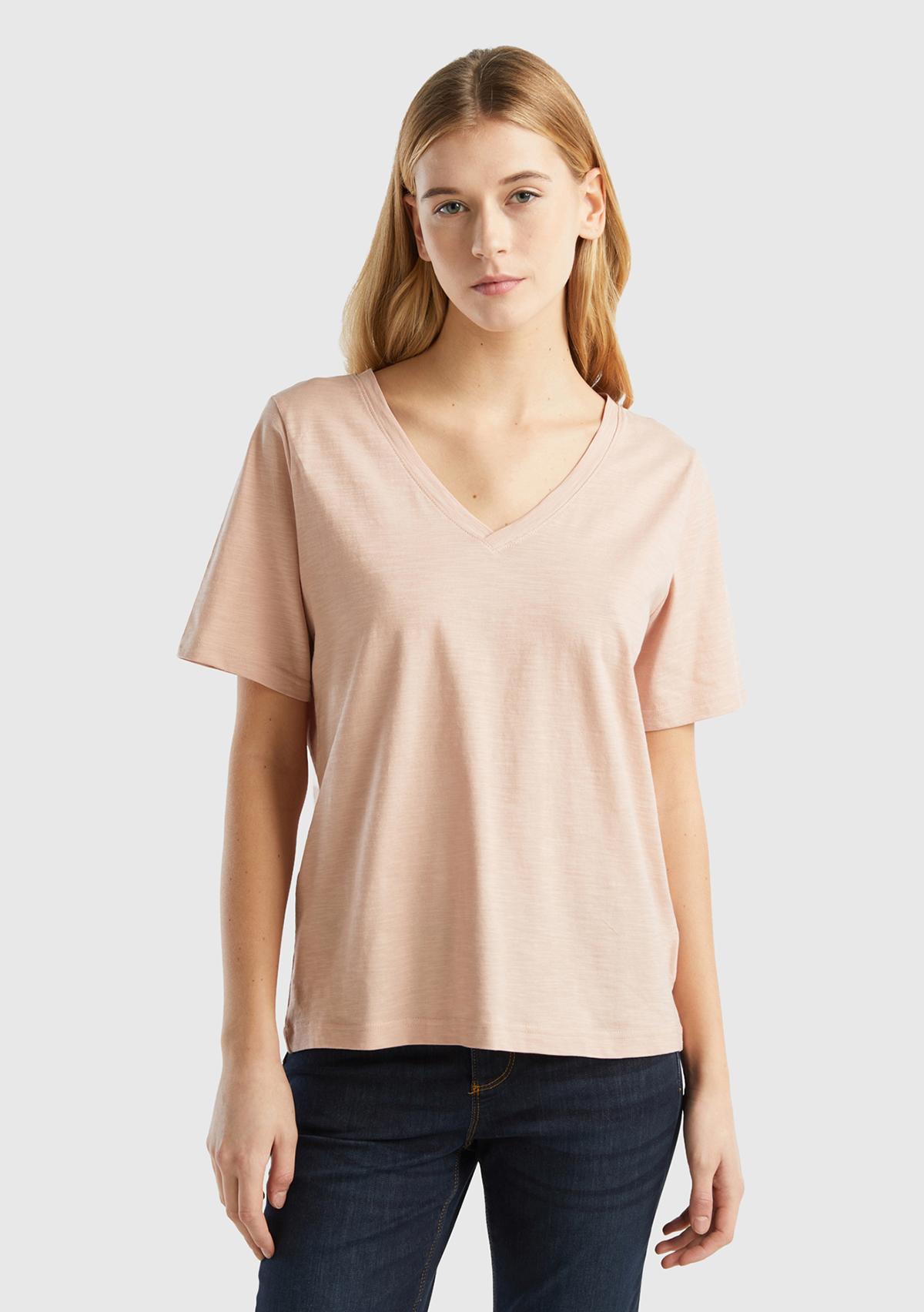  Kadın Pudra %100 Koton V Yaka Slub T-Shirt