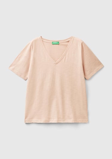  Kadın Pudra %100 Koton V Yaka Slub T-Shirt