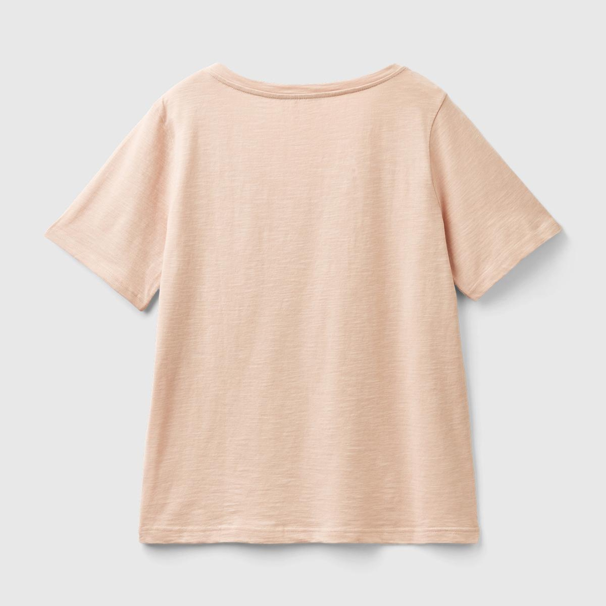 Kadın Pudra %100 Koton V Yaka Slub T-Shirt