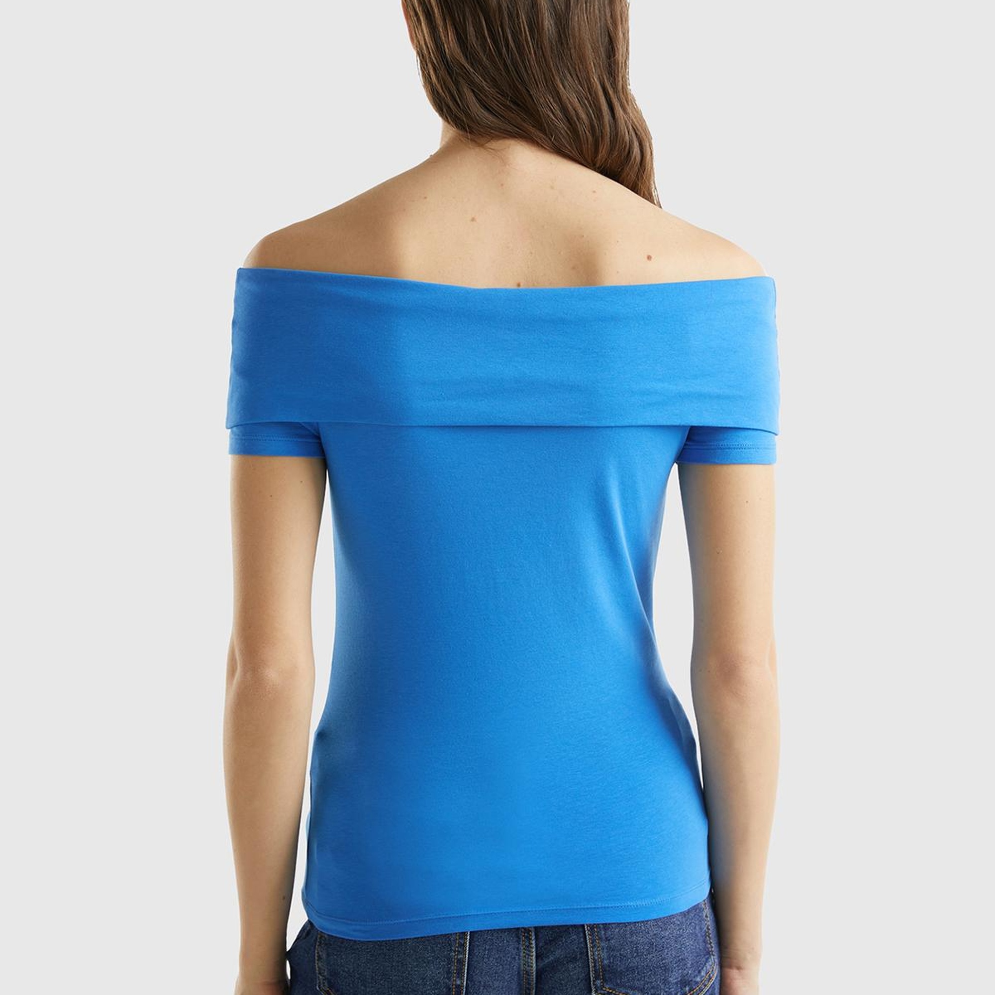 Kadın Mavi Pamuk Karışımlı Beli Daralan Kısa Kollu Şal Yaka T-shirt