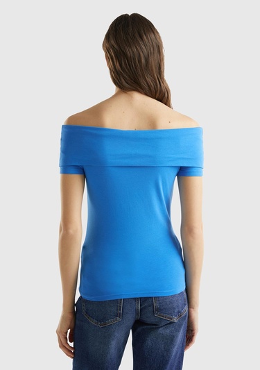  Kadın Mavi Pamuk Karışımlı Beli Daralan Kısa Kollu Şal Yaka T-shirt