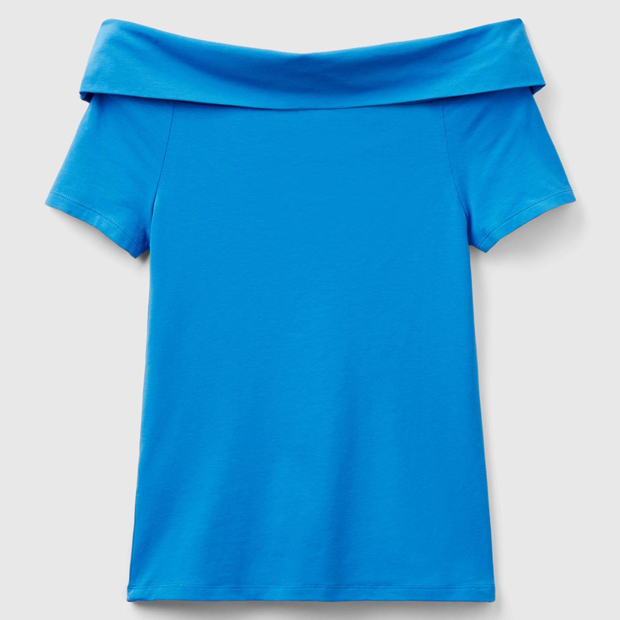 Kadın Mavi Pamuk Karışımlı Beli Daralan Kısa Kollu Şal Yaka T-shirt