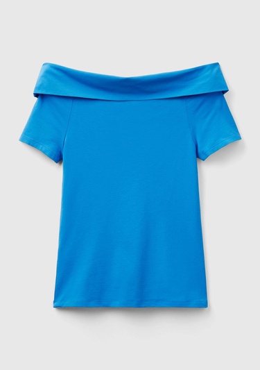  Kadın Mavi Pamuk Karışımlı Beli Daralan Kısa Kollu Şal Yaka T-shirt