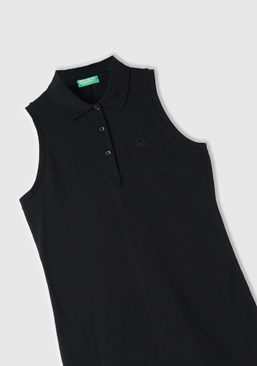  Kadın Siyah Pamuk Karışımlı Göğsü Logo İşlemeli Düğmeli Polo Yaka Elbise