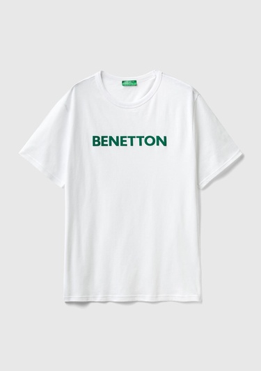  Erkek Beyaz Logo Baskılı Organik Pamuklu T-Shirt