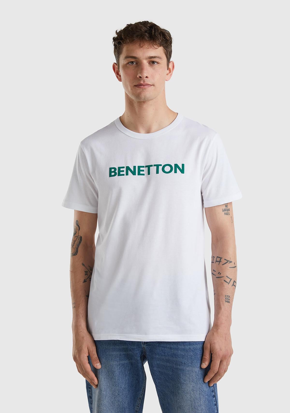  Erkek Beyaz Logo Baskılı Organik Pamuklu T-Shirt