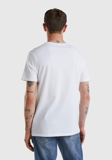  Erkek Beyaz Logo Baskılı Organik Pamuklu T-Shirt