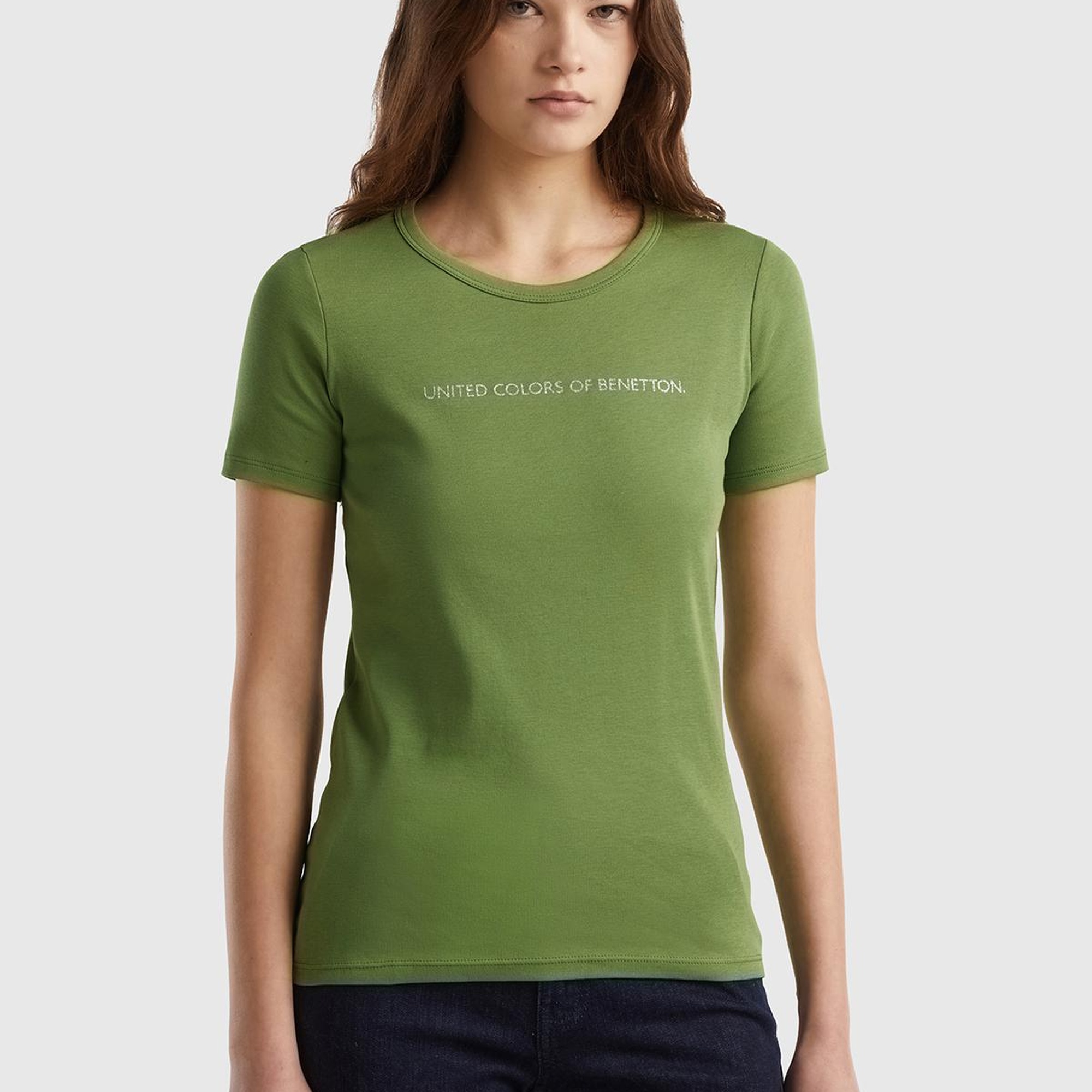 Kadın Soluk Yeşil %100 Koton Benetton Yazılı Basic T-Shirt