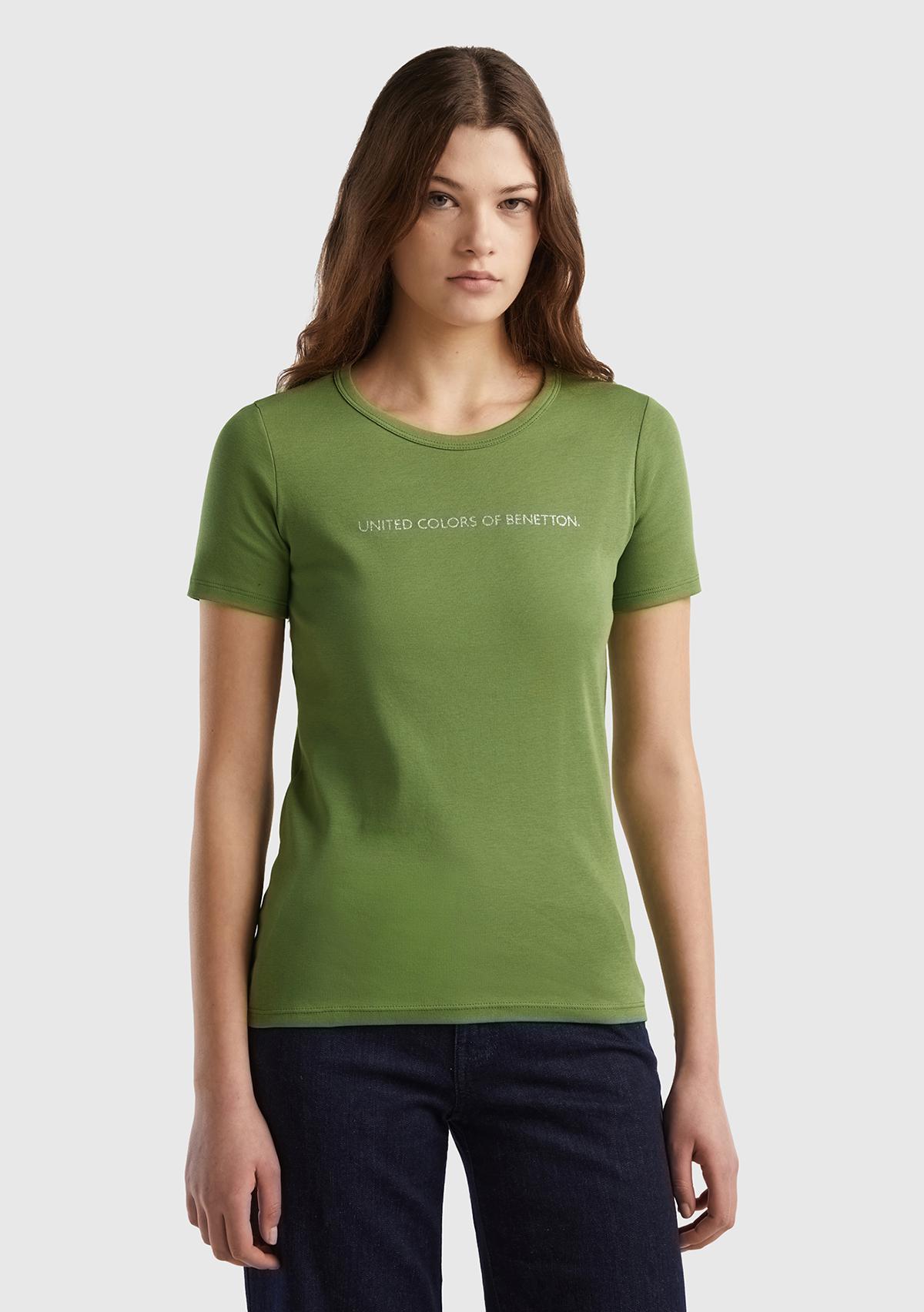  Kadın Soluk Yeşil %100 Koton Benetton Yazılı Basic T-Shirt