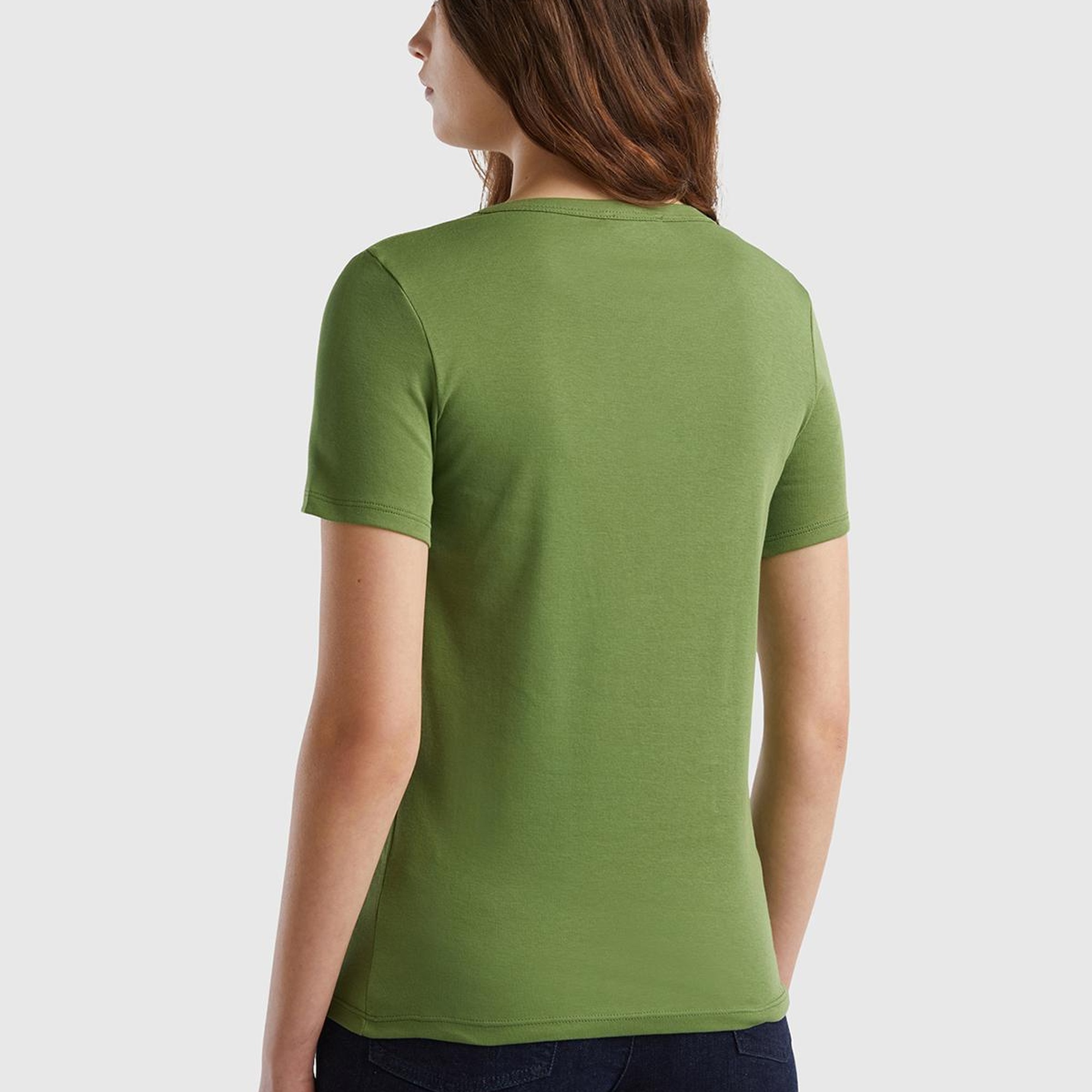 Kadın Soluk Yeşil %100 Koton Benetton Yazılı Basic T-Shirt