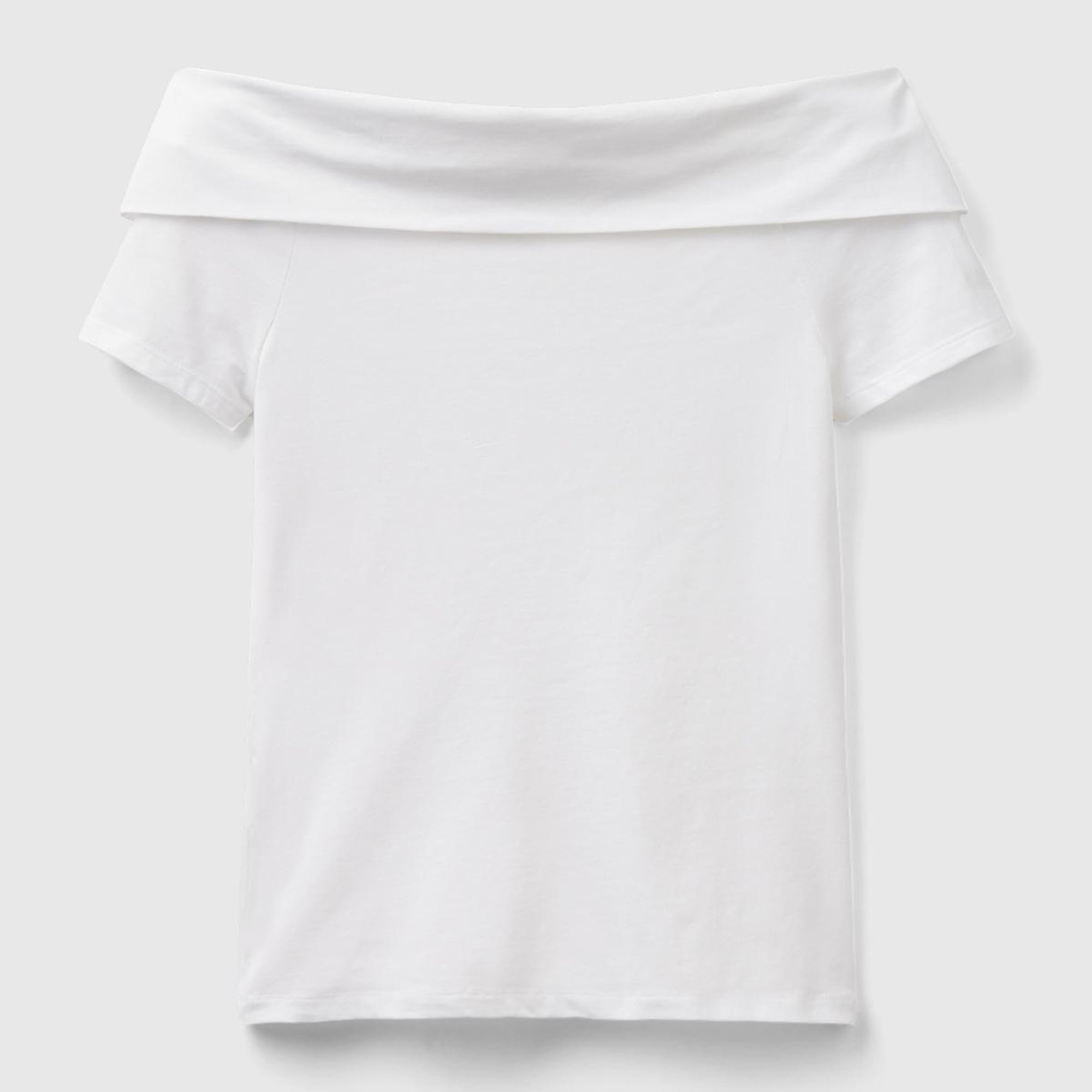 Kadın Beyaz Pamuk Karışımlı Beli Daralan Kısa Kollu Şal Yaka T-shirt