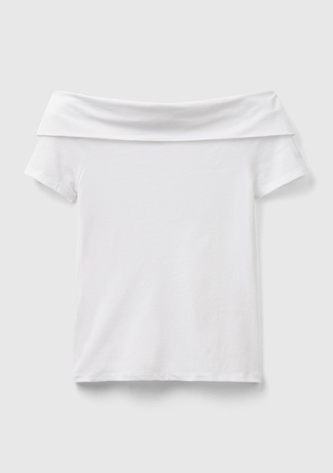  Kadın Beyaz Pamuk Karışımlı Beli Daralan Kısa Kollu Şal Yaka T-shirt