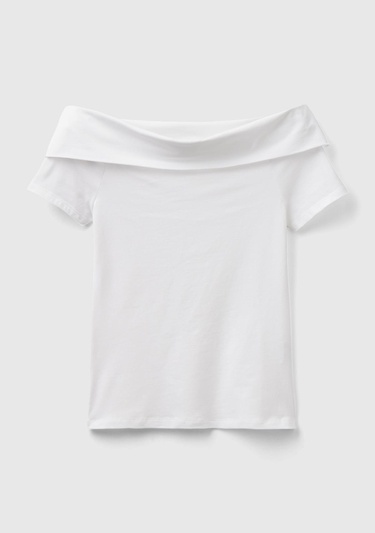  Kadın Beyaz Pamuk Karışımlı Beli Daralan Kısa Kollu Şal Yaka T-shirt