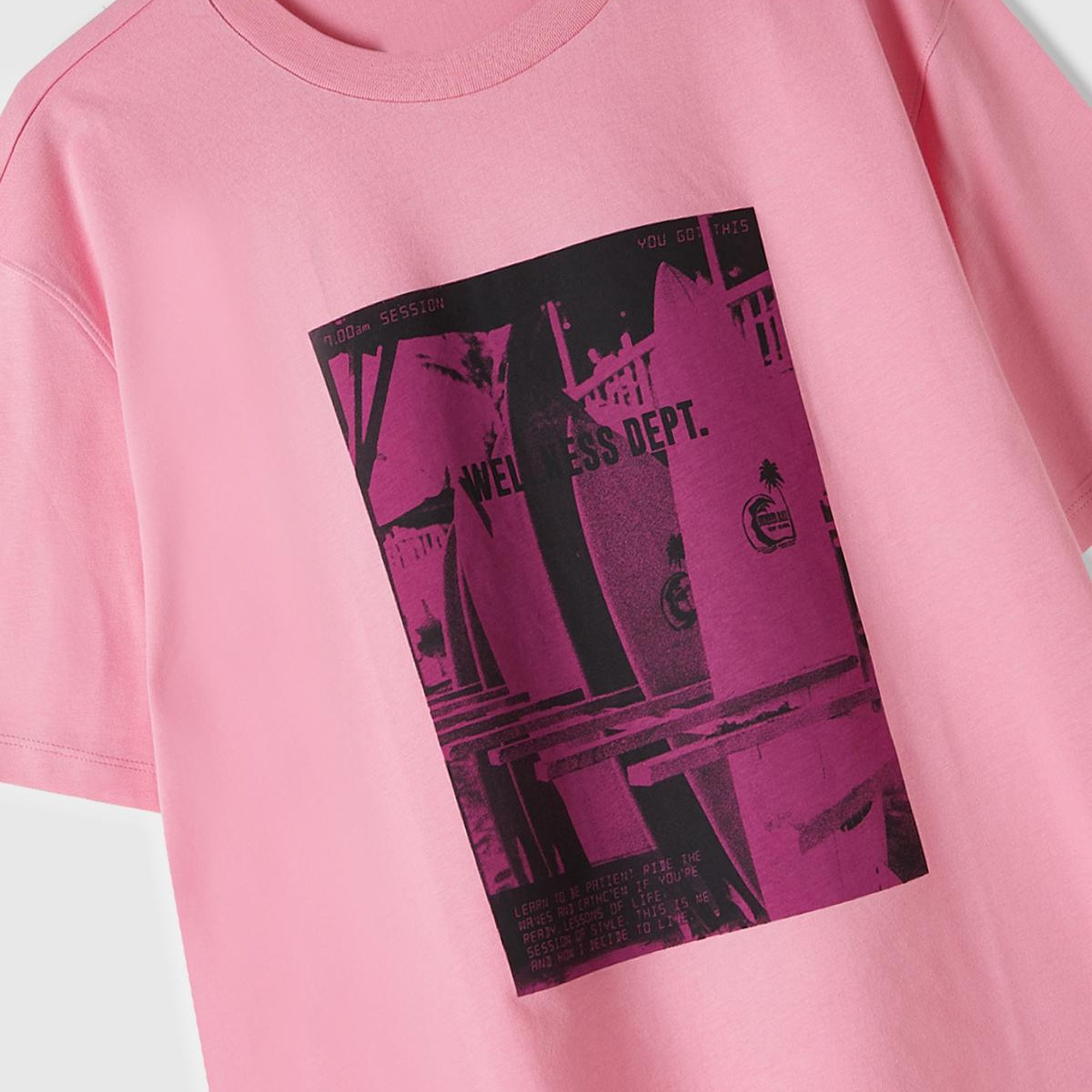 Erkek Açık Pembe %100 Pamuk Önü Fotoğraf Arkası Slogan Baskılı T-Shirt