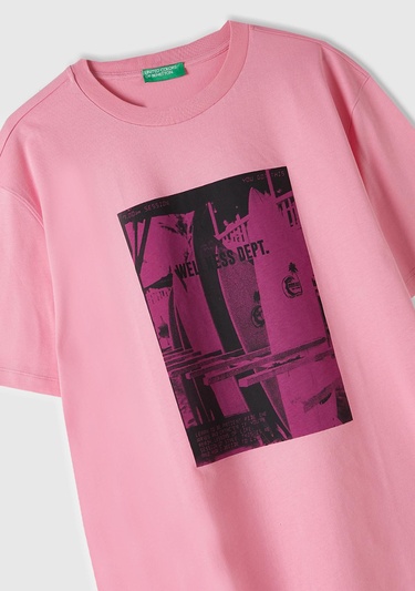  Erkek Açık Pembe %100 Pamuk Önü Fotoğraf Arkası Slogan Baskılı T-Shirt