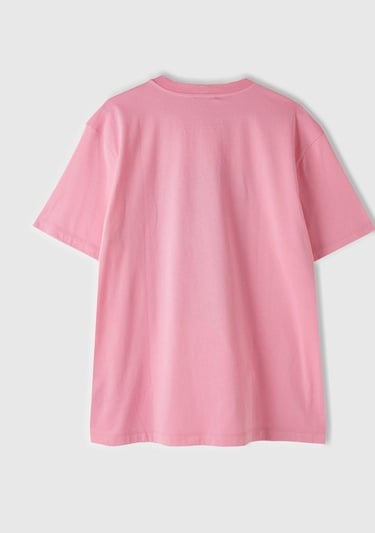  Erkek Açık Pembe %100 Pamuk Önü Fotoğraf Arkası Slogan Baskılı T-Shirt