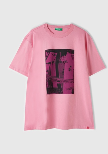  Erkek Açık Pembe %100 Pamuk Önü Fotoğraf Arkası Slogan Baskılı T-Shirt