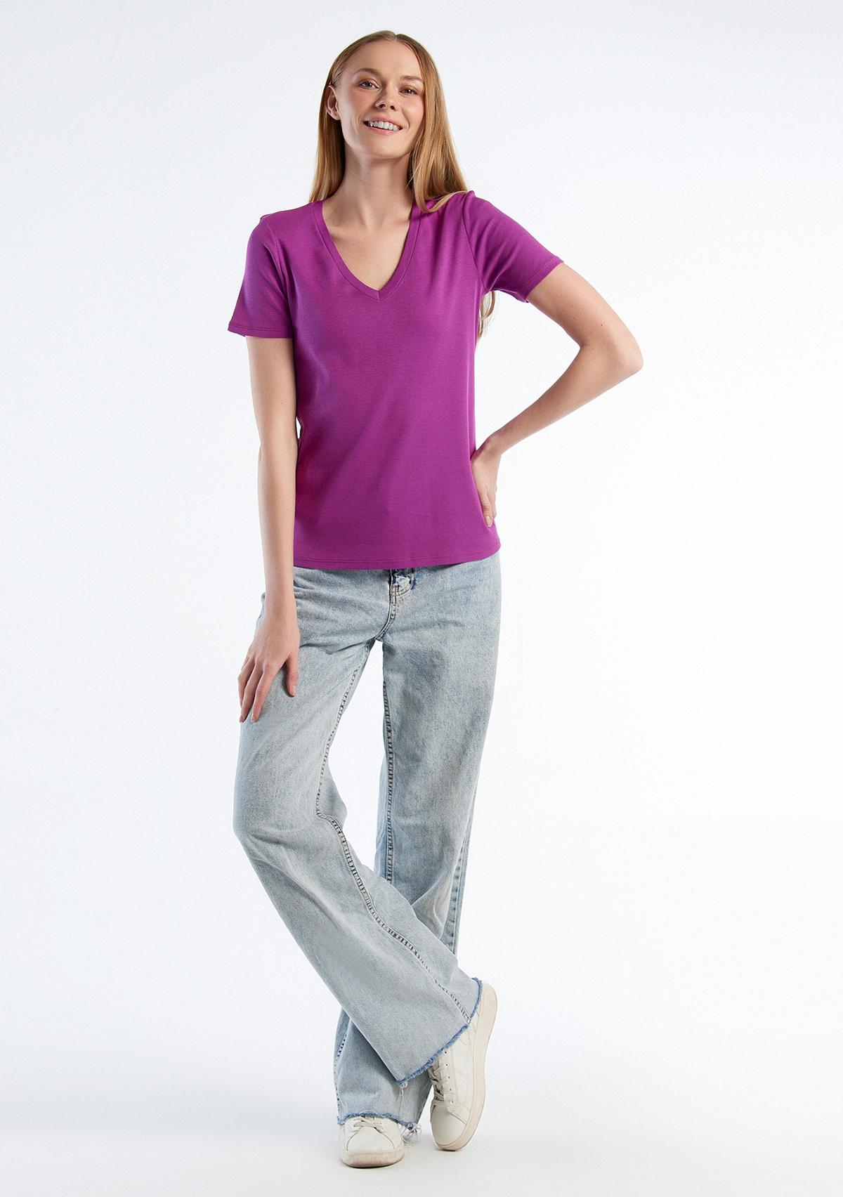  Kadın Mor %100 Pamuk V Yaka Basic T-Shirt