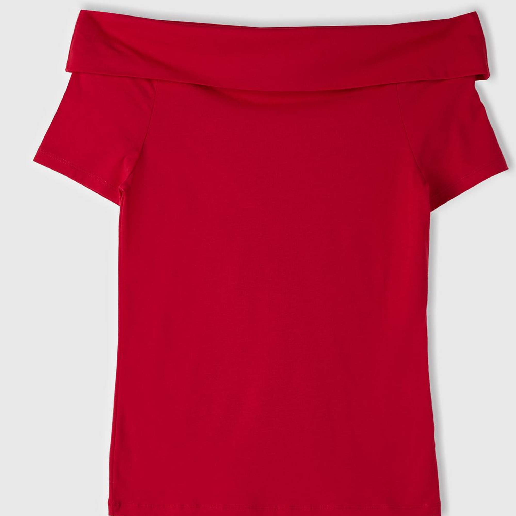 Kadın Vişne Pamuk Karışımlı Beli Daralan Kısa Kollu Şal Yaka T-shirt