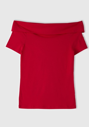  Kadın Vişne Pamuk Karışımlı Beli Daralan Kısa Kollu Şal Yaka T-shirt