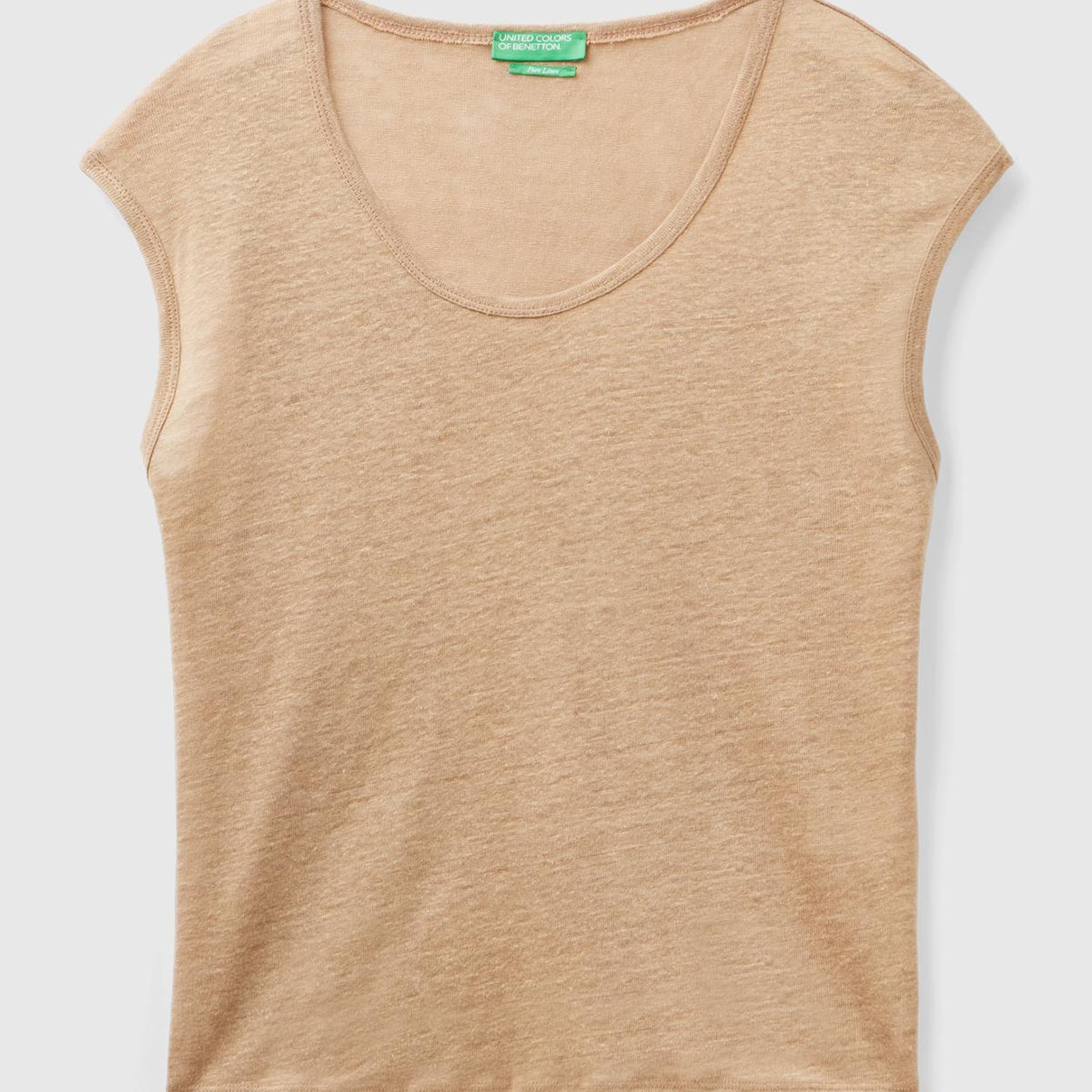 Kadın Taba %100 Keten Rahat Kalıp Geniş Bisiklet Yaka Kolsuz T-Shirt