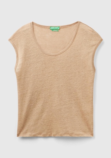  Kadın Taba %100 Keten Rahat Kalıp Geniş Bisiklet Yaka Kolsuz T-Shirt