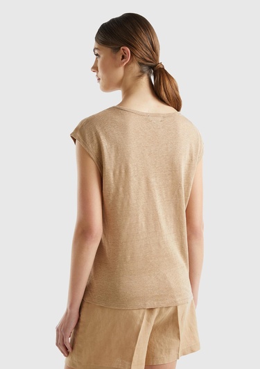  Kadın Taba %100 Keten Rahat Kalıp Geniş Bisiklet Yaka Kolsuz T-Shirt