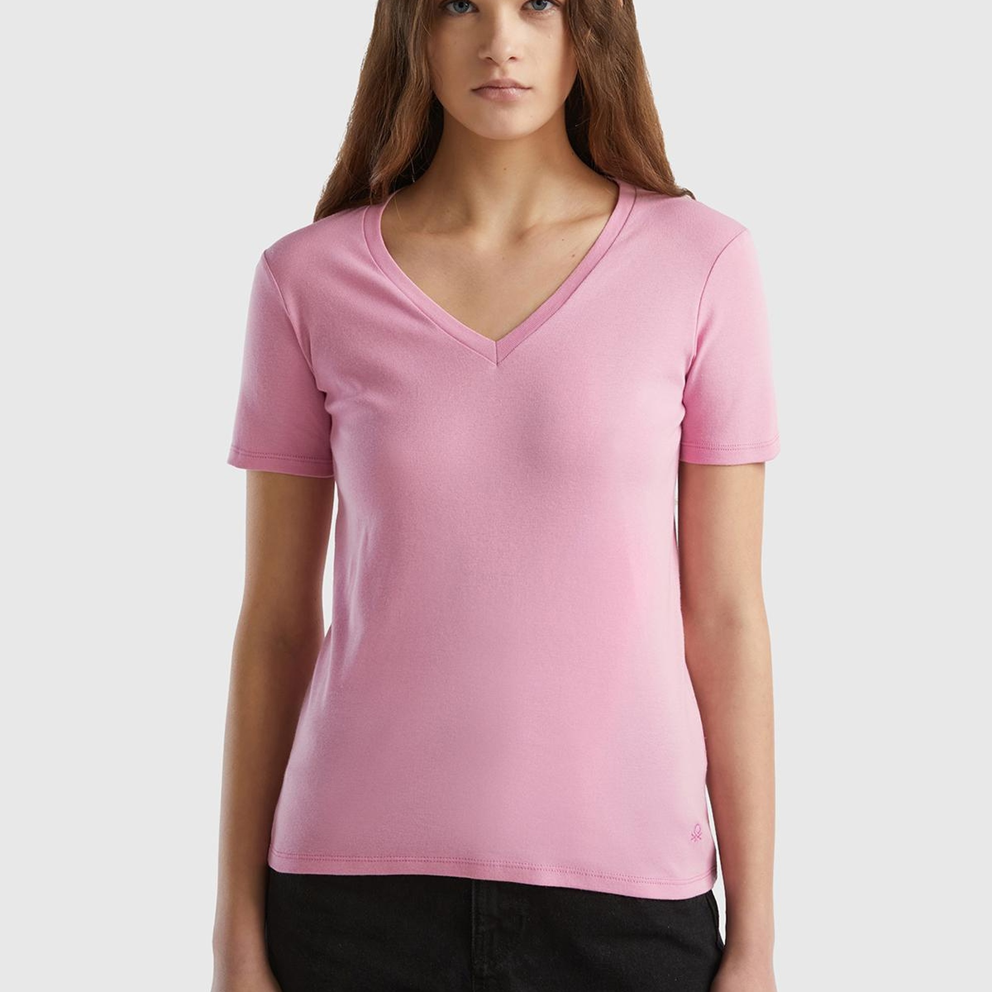 Kadın Açık Pembe %100 Pamuk V Yaka Basic T-Shirt